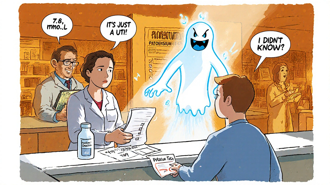 A pharmacy scene with a menacing potassium ion rising from a Bactrim bottle beside a neglected test checklist.