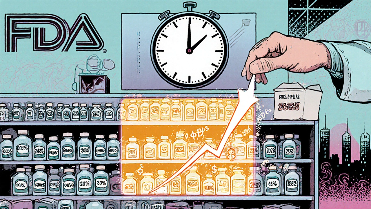 A pharmacy shelf dominated by generics with a small but growing section of biosimilars, symbolizing future market growth.