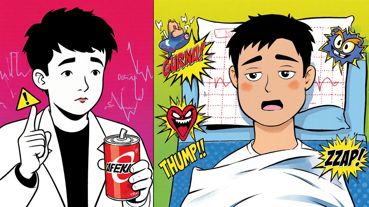 A teen in an ER with a wildly spiking heart monitor, surrounded by cartoon stimulant villains and comic-style sound effects.
