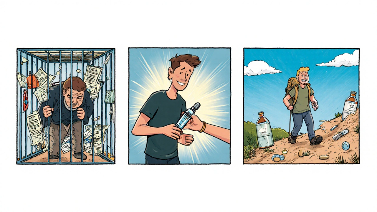 A three-panel comic showing a patient’s transformation from trapped by steroids to thriving after biologic treatment, with crumbling pill bottles in the background.