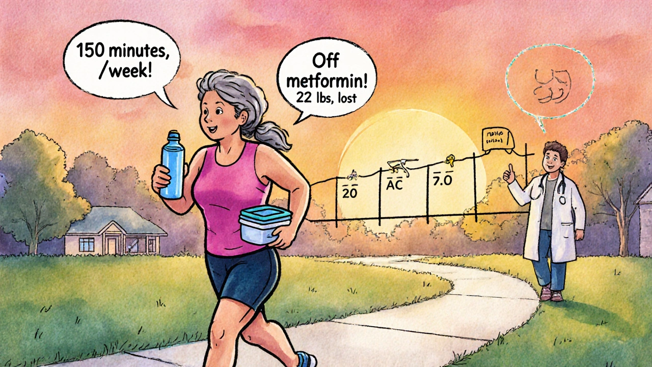 A woman walking confidently with meal prep and CGM, showing her diabetes improvement journey.