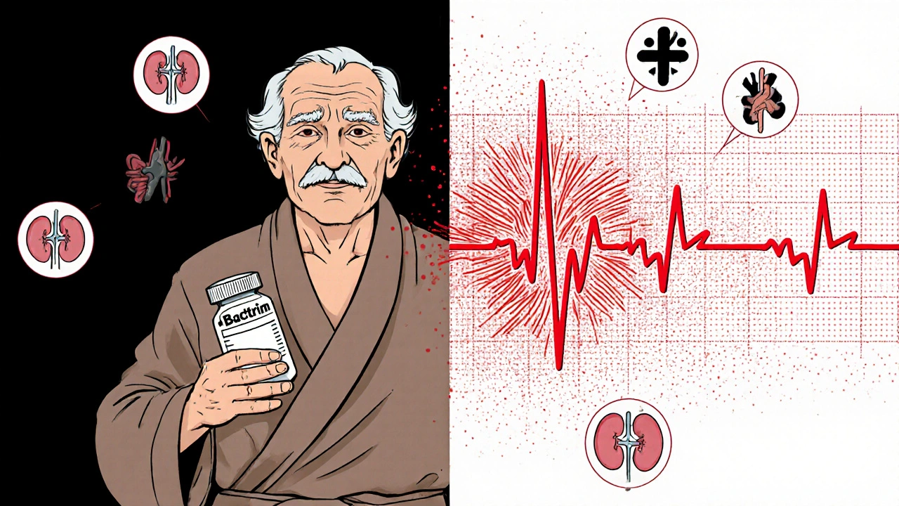 An elderly man’s body split between normal heartbeat and cardiac arrest, with medical symbols looming.