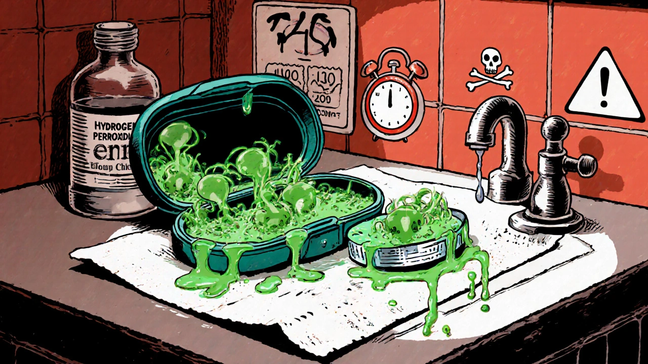 Dirty contact lens case leaking bacteria, contrasted with a clean drying case and hydrogen peroxide timer.