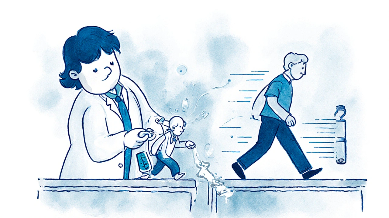 Doctor performing CSF tap test, fluid draining into a cup that turns into a walking figure, split-panel improvement shown.