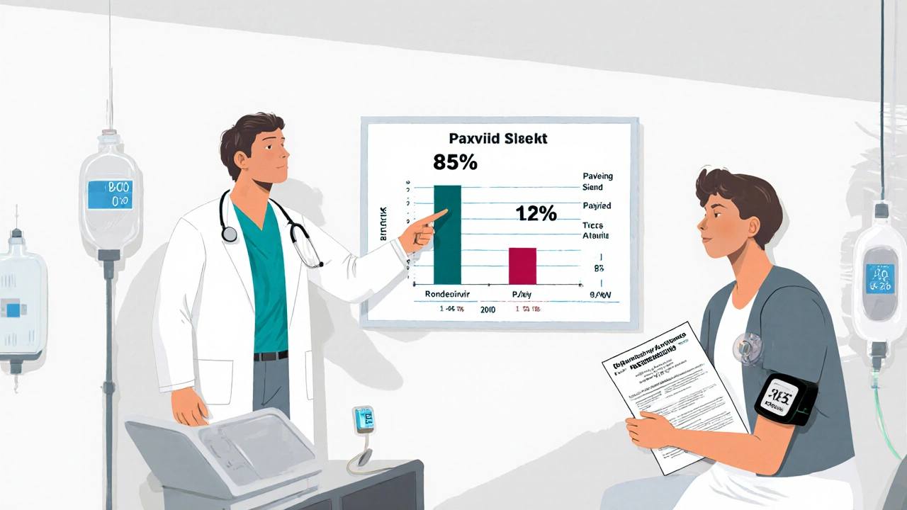 Doctor points to a chart comparing antiviral effectiveness, patient with blood pressure monitor looks relieved.
