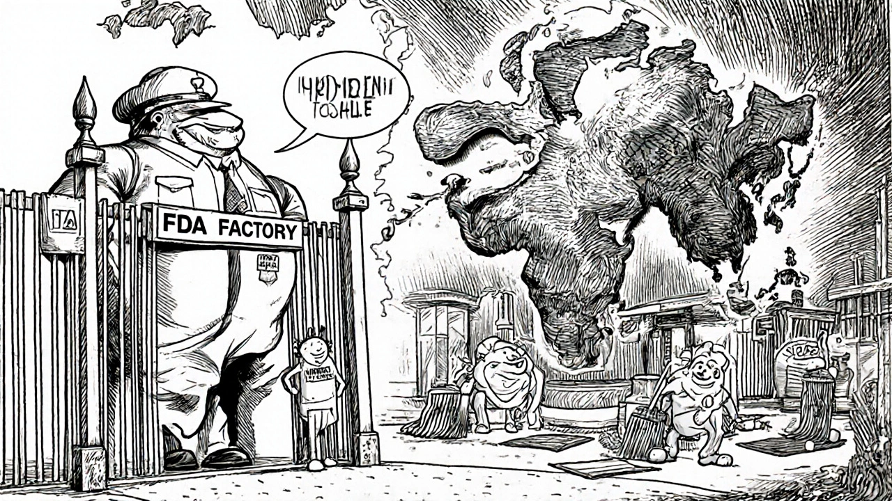 FDA inspector confronts overseas factories cleaning up before inspection, with hidden defective pills beneath carpets.