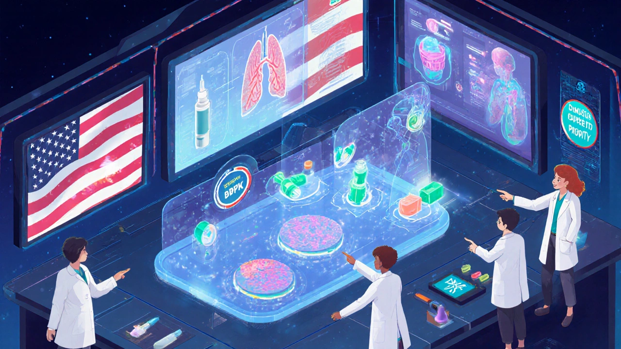 Futuristic FDA room with holograms analyzing inhalers and topical drug absorption models.
