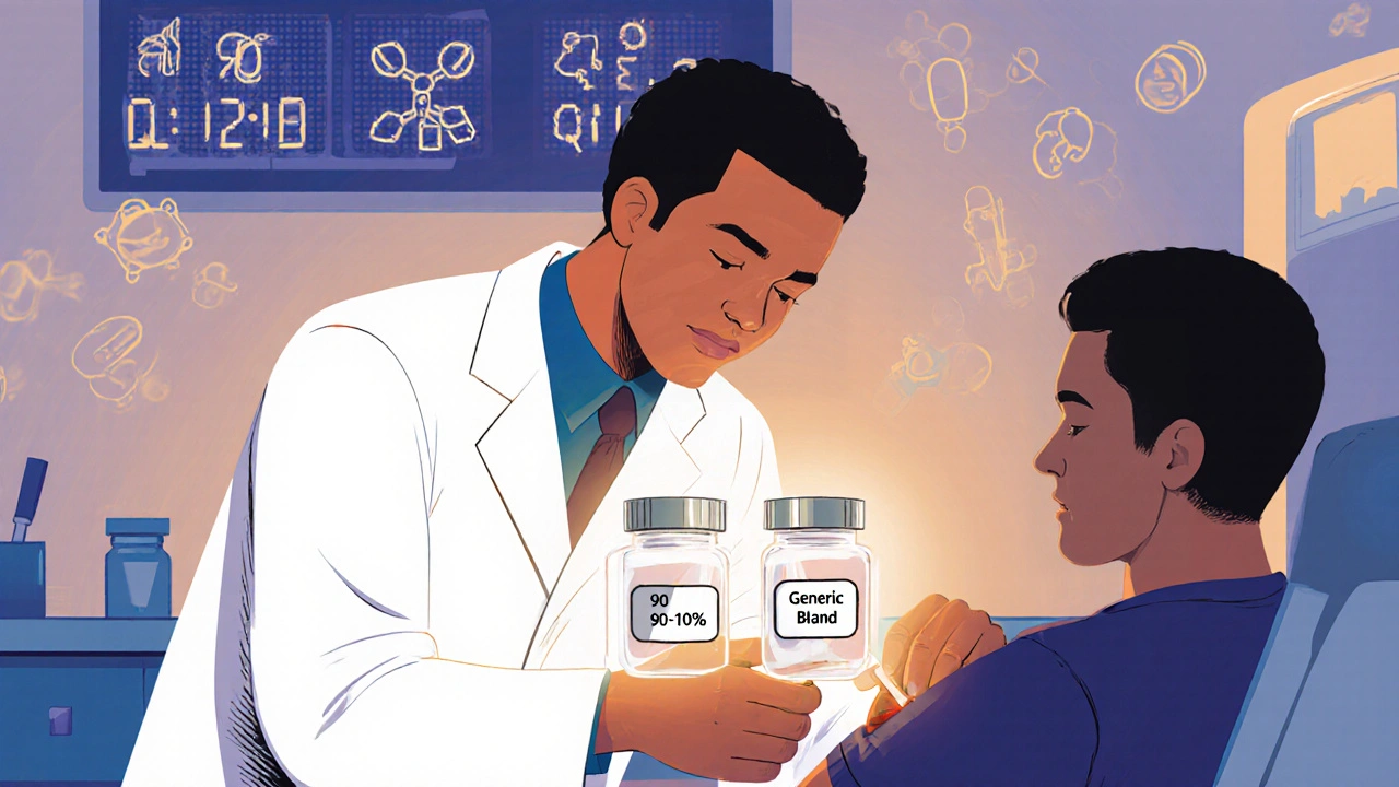 Lab technician drawing blood from volunteer with generic and brand drug vials side by side.