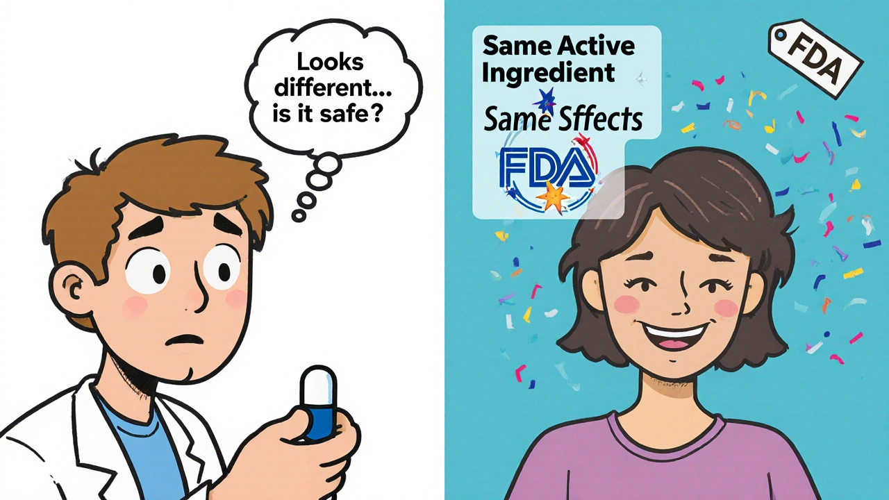 Patient comparing pill appearances with a simple infographic confirming generics are equally effective and cheaper.