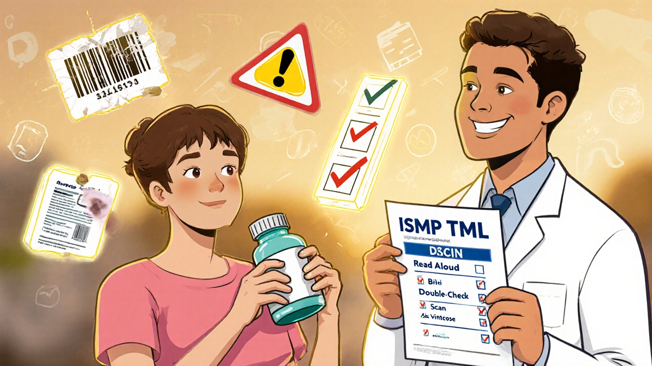 Patient holding pill bottle with faded label, surrounded by safety icons and checklist, smiling doctor holds TML reference sheet.