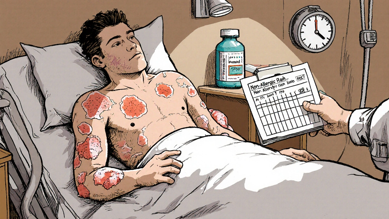 Patient with peeling skin and blisters in hospital, doctor holding rapid allergy test kit.