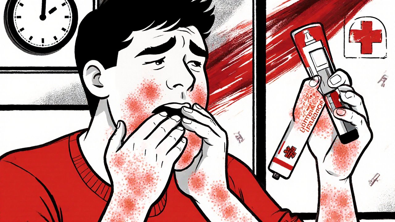 Person with raised itchy hives and swelling, clutching throat, EpiPen in hand, emergency lights glowing.