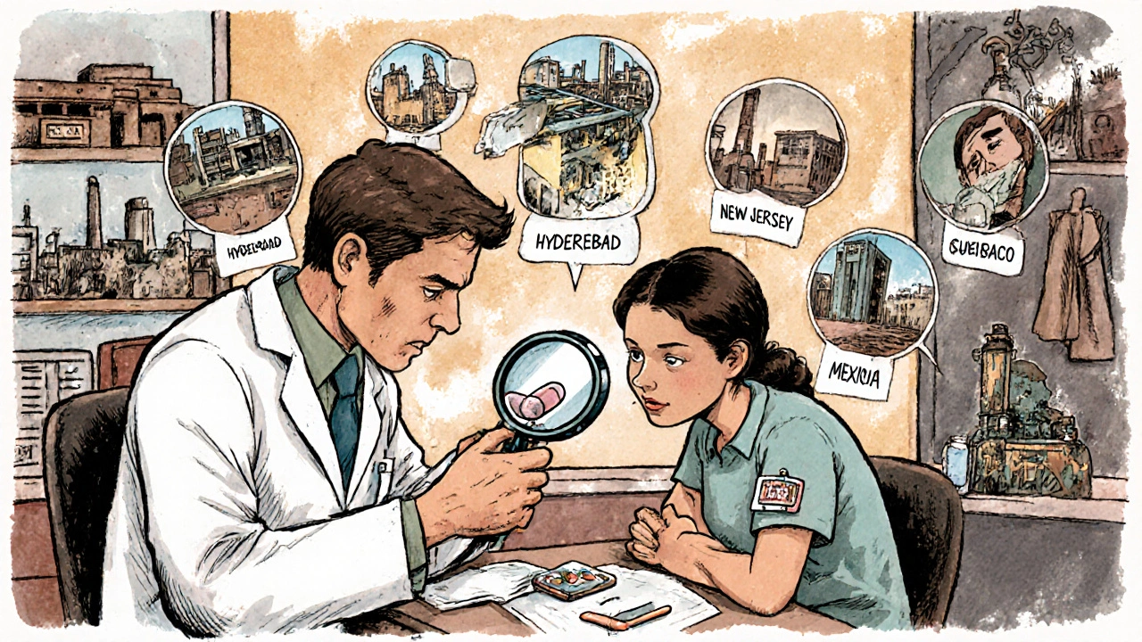 Pharmacist examines a pill under magnifying glass while global factory layers appear transparently around them.