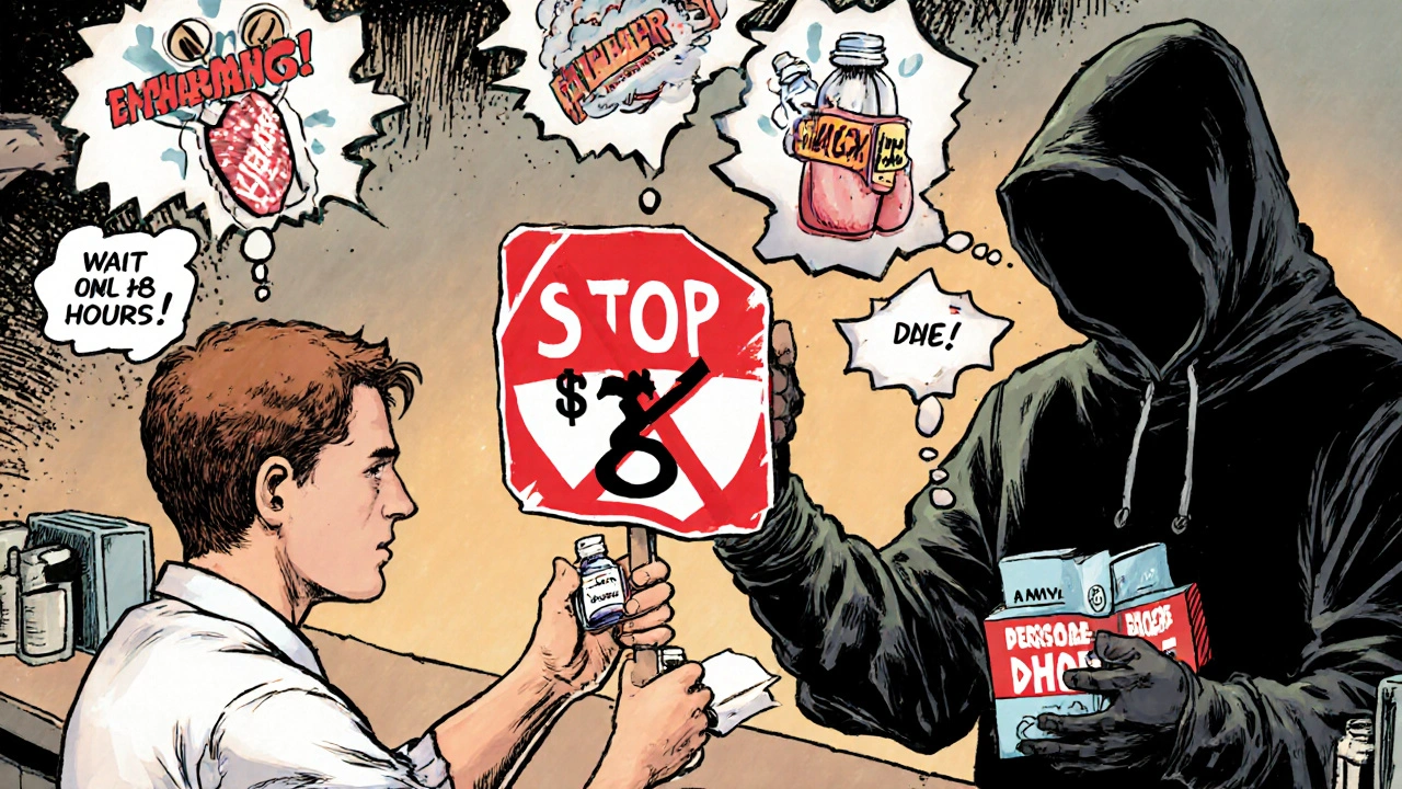 Pharmacist handing out ED pill while giant red STOP sign blocks nitrates, shadowy figure with poppers in background.