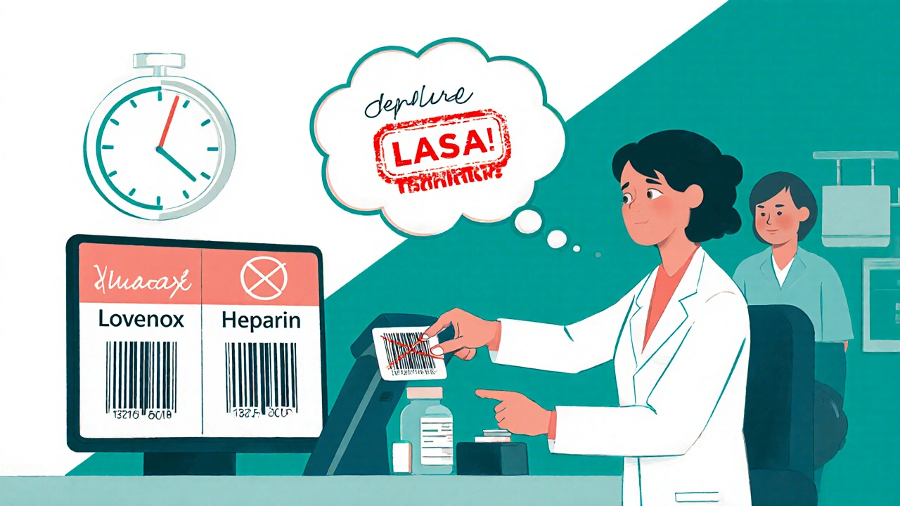 Pharmacist scanning medication barcode while colleague points to a red LASA warning, digital screen shows drug name comparison.