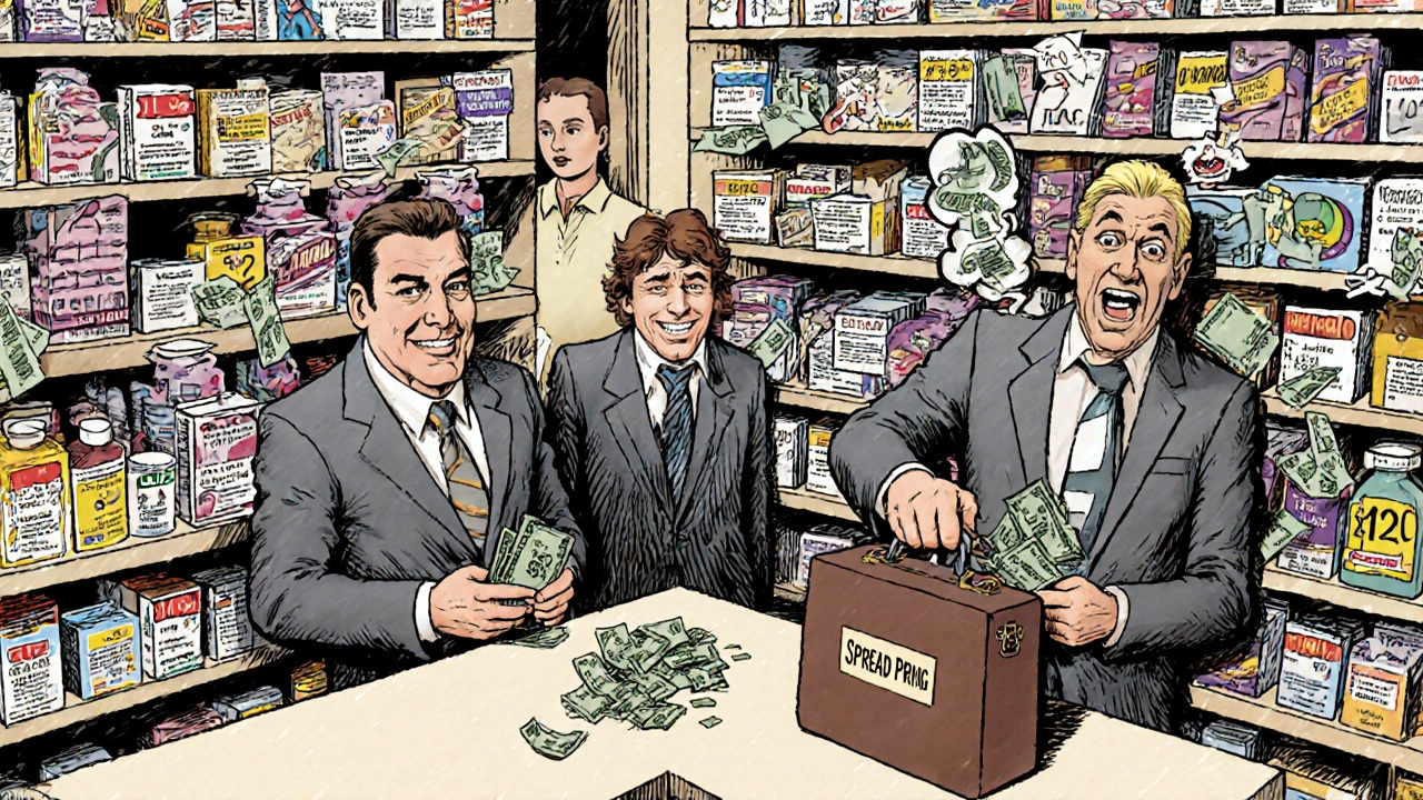 Pharmacy Benefit Managers secretly profiting from price gaps between identical generic drugs in a chaotic pharmacy.