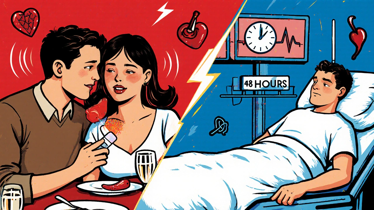 Split comic panel: man taking Cialis at dinner vs. same man in hospital bed 48 hours later with flatline monitor.