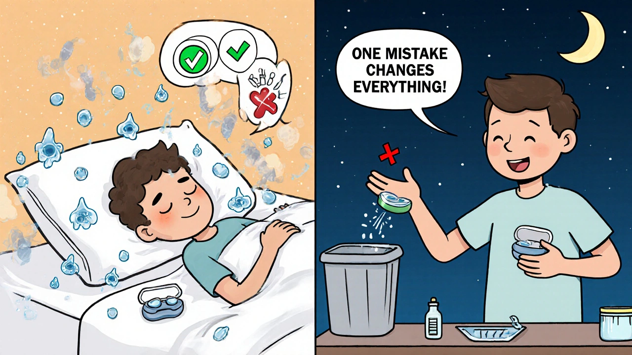 Split scene: risky sleep-in lenses vs. safe daily disposables, with visual warnings and checkmarks.