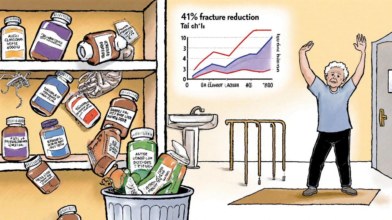 Supplements discarded in trash while patient receives IV bone medication, with Tai Chi and safety grab bars in background.