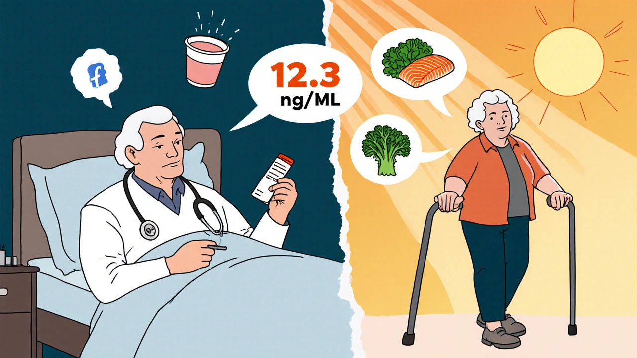 Two elderly people side by side: one indoors taking supplements, one outdoors eating healthy foods in sunlight.