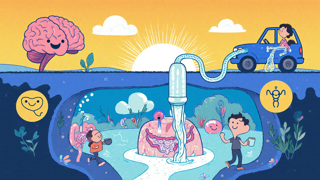 Whimsical shunt system draining fluid from brain to abdomen, patient happily walking, driving, and enjoying life.