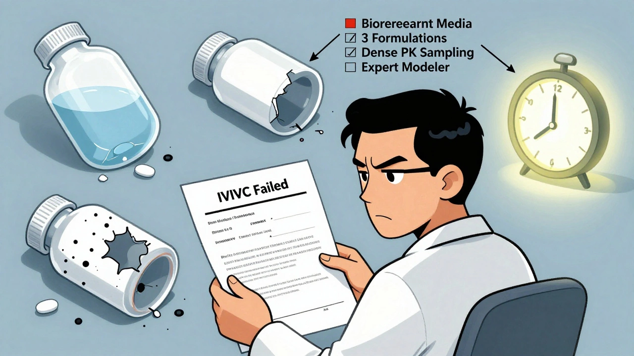 A developer facing rejected IVIVC submissions, with failed models and a glowing checklist showing what’s needed for success.