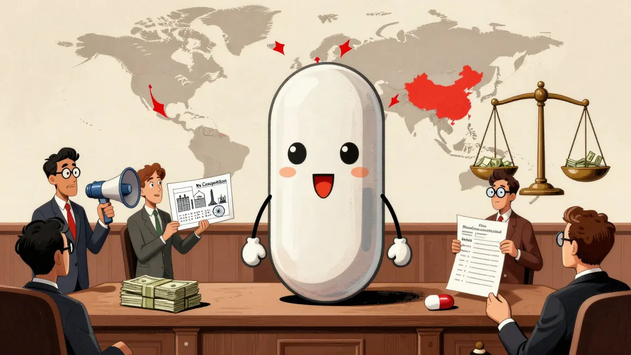 A generic pill on trial with lawyers from the U.S., India, and Switzerland, surrounded by a world map and pricing charts.