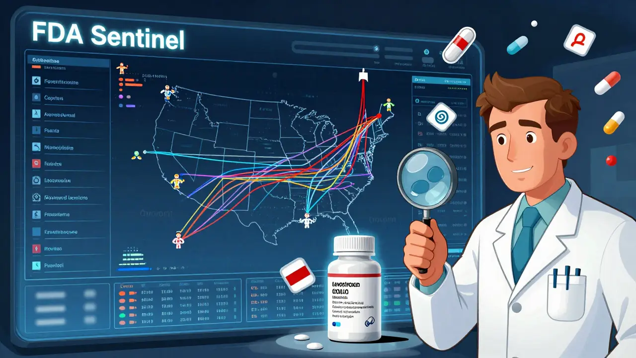 A giant FDA dashboard tracks drug safety data with a red spike near a thyroid medication, while a pharmacist examines a batch label.