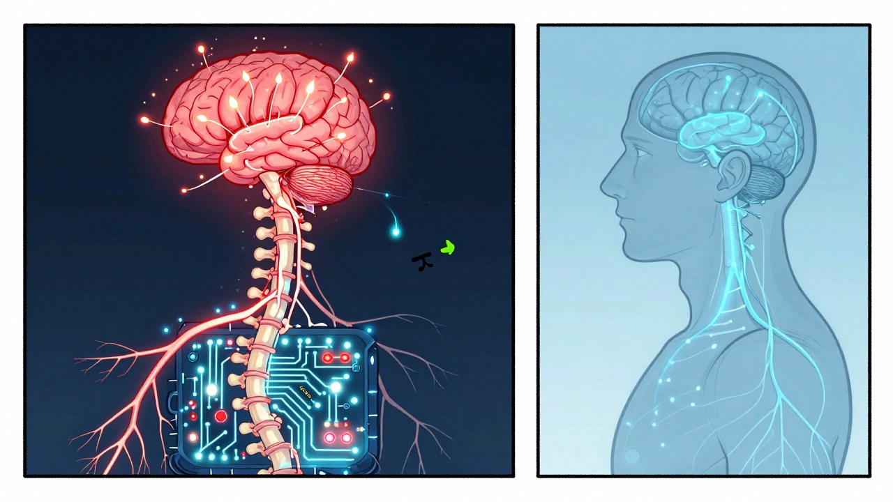 A glowing nervous system with overactive red neurons and broken stop signals, compared to a calm normal one.