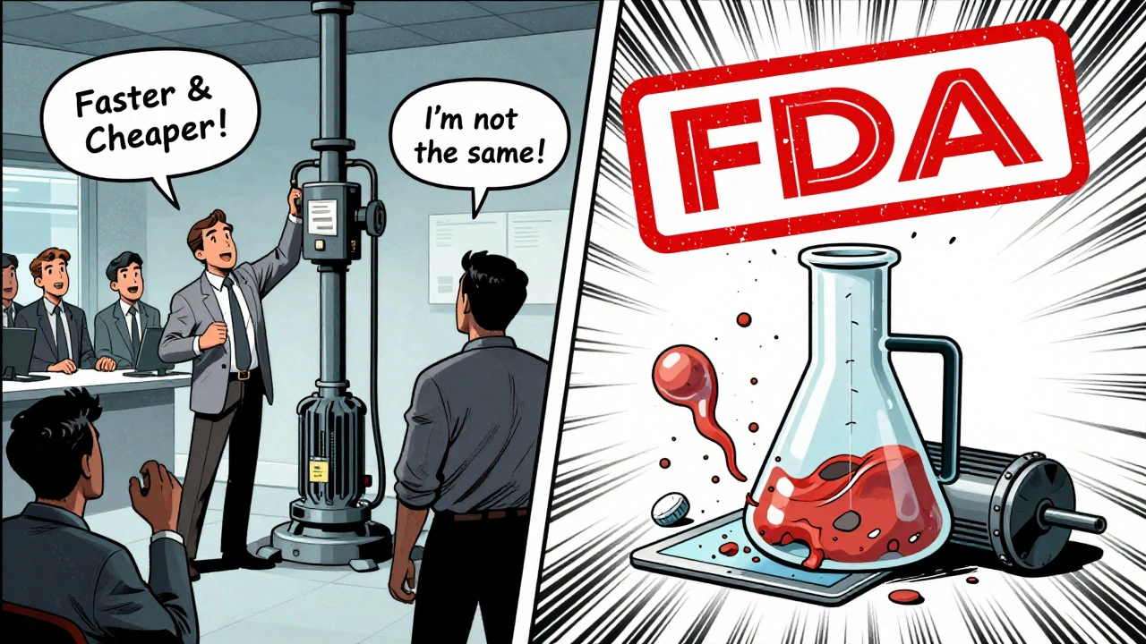 A new pump causes a tablet to break, while an FDA stamp crashes down in a comic-style split scene.