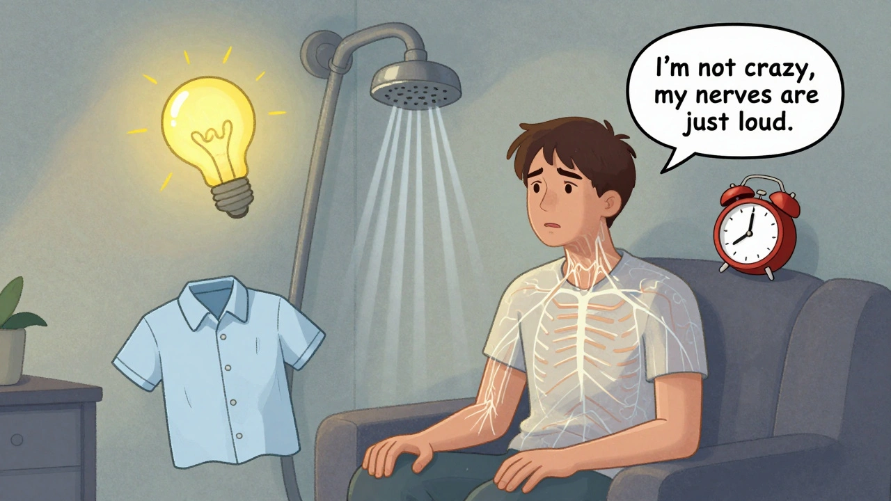 A person overwhelmed by floating symbols of sensory overload, with a translucent nervous system showing internal chaos.