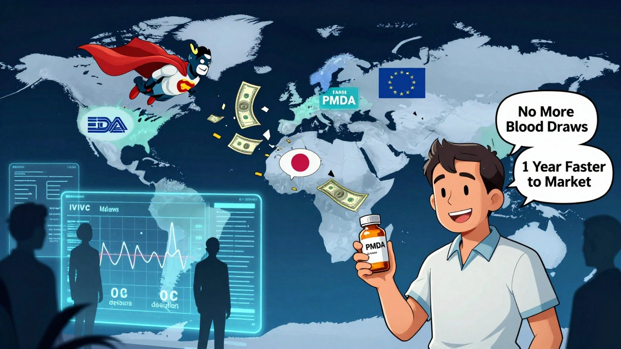 A single IVIVC model traveling globally, replacing human trials, with a patient smiling and AI analyzing data on holograms.