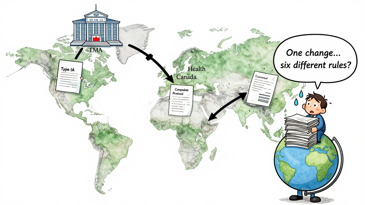 A worker is overwhelmed by regulatory documents from the U.S., Europe, Canada, and WHO on a global map.
