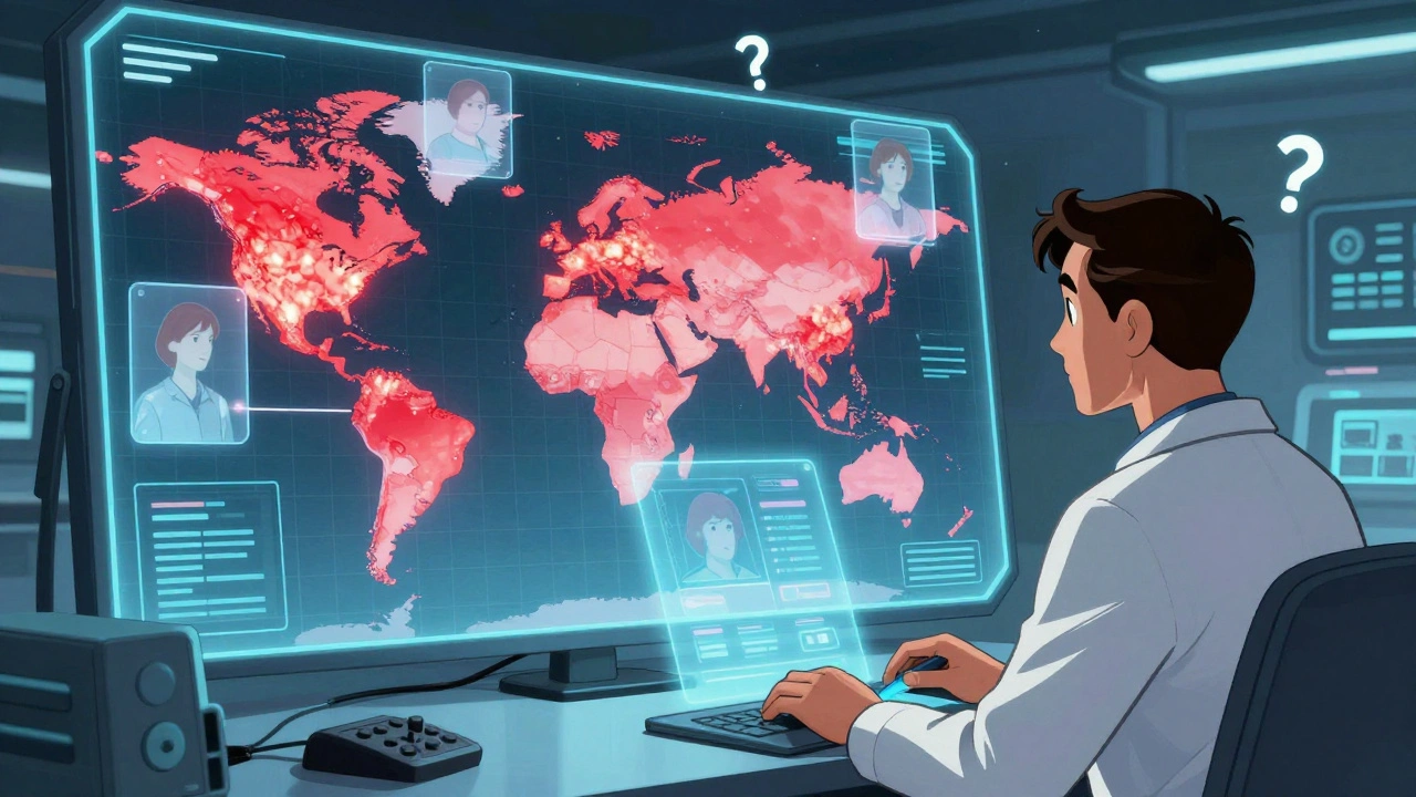 Analyst reviewing holographic global heat map of social media drug reaction clusters in a lab.