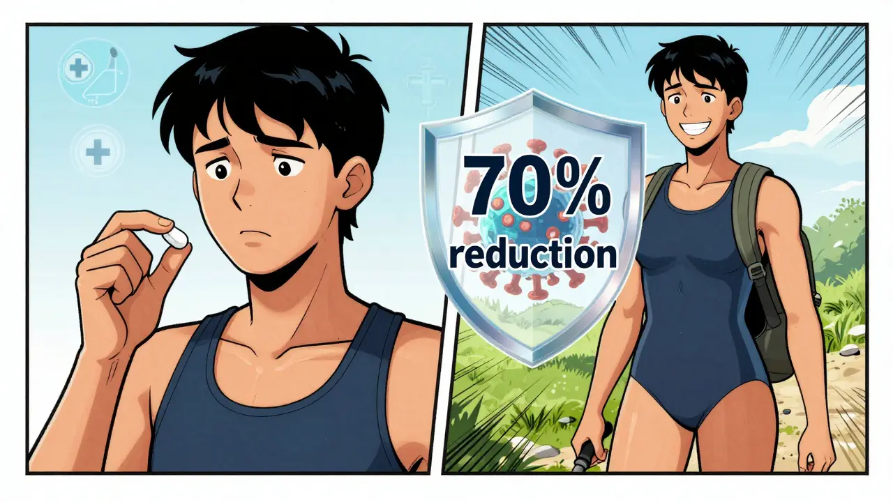 Before and after: person taking pill vs. smiling confidently in swimsuit with virus shield.
