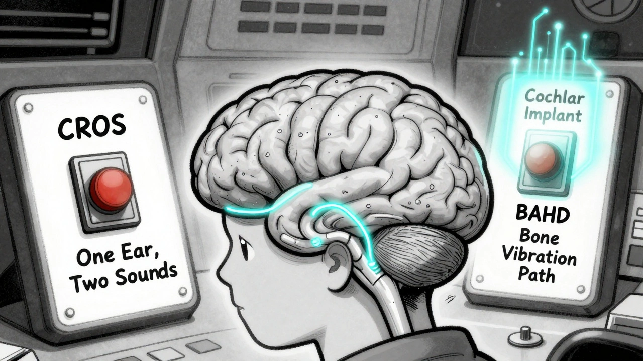 Cartoon brain with three hearing options labeled — CROS, BAHD, and cochlear implant — shown as glowing switches in a control room.