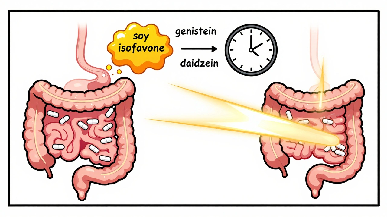 Cartoon digestive tract with thyroid pills blocked by soy compounds, then flowing freely after time passes.