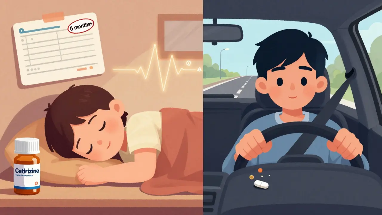 Child sleeping with Cetirizine vs teen driving safely with Fexofenadine, illustrating pediatric and safety use.