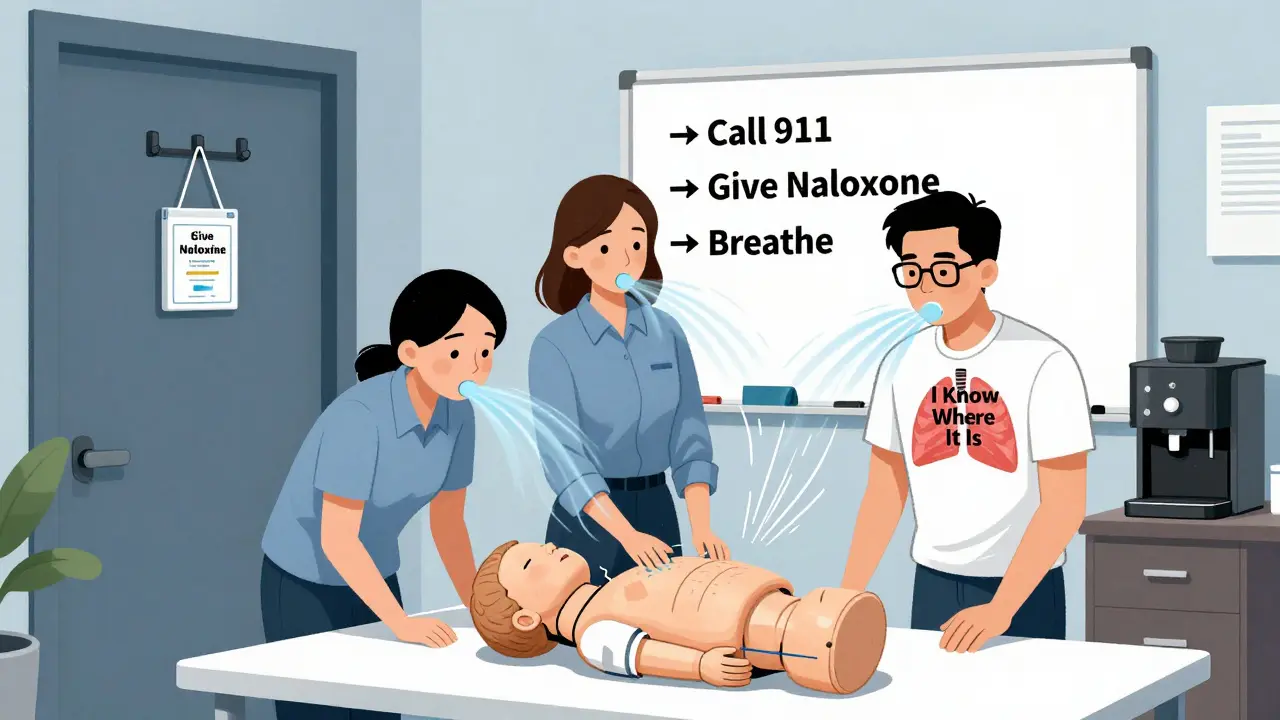 Coworkers practicing rescue breathing with naloxone kit visible on wall