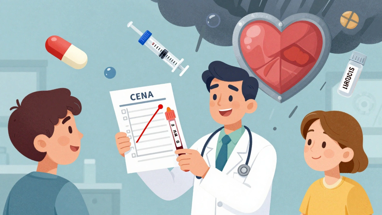 Doctor explaining statin alternatives to patient, with medical options floating around them.