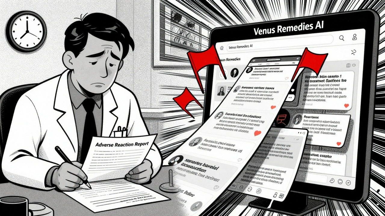 Doctor filling paper report vs. digital social media flood flooding a screen in comic split panel.