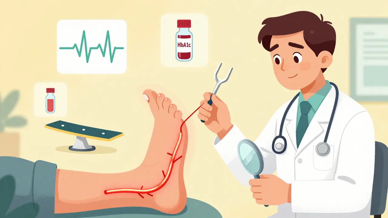 Doctor testing nerve response with a tuning fork while floating icons show blood tests and balance assessment.