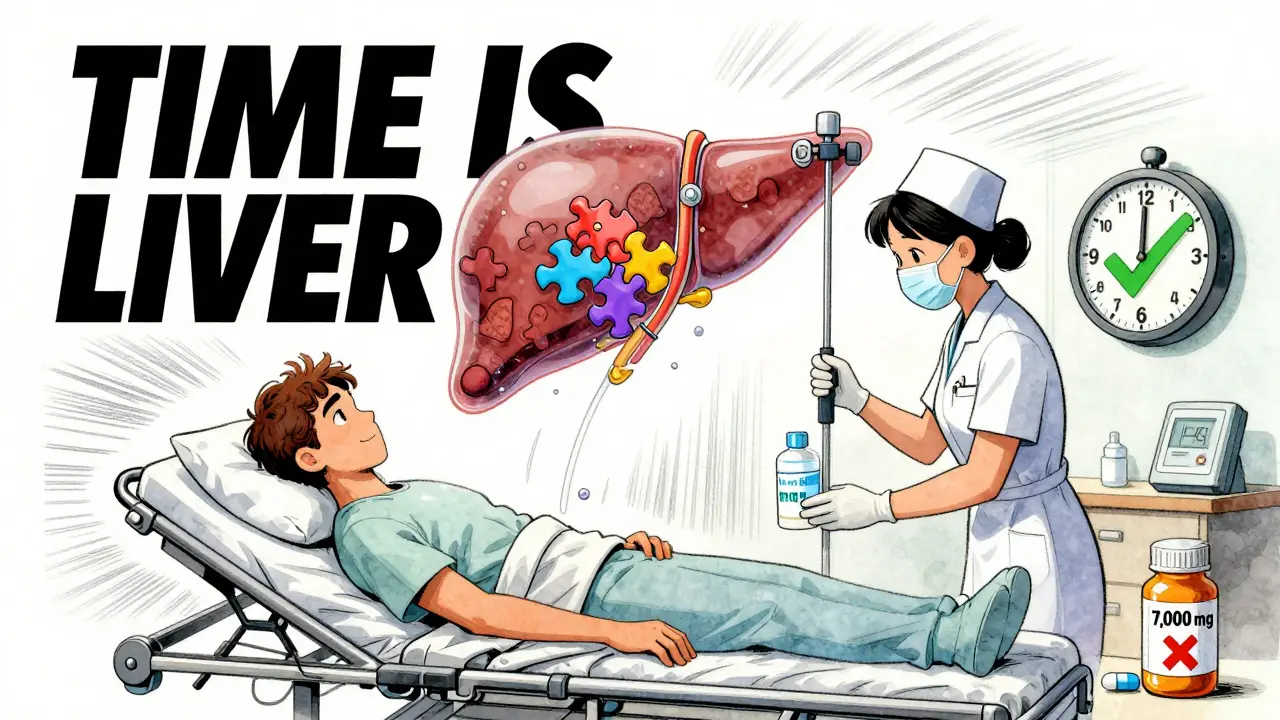 ER scene with IV NAC being given, liver regenerating in background, clock showing critical 8-hour window.