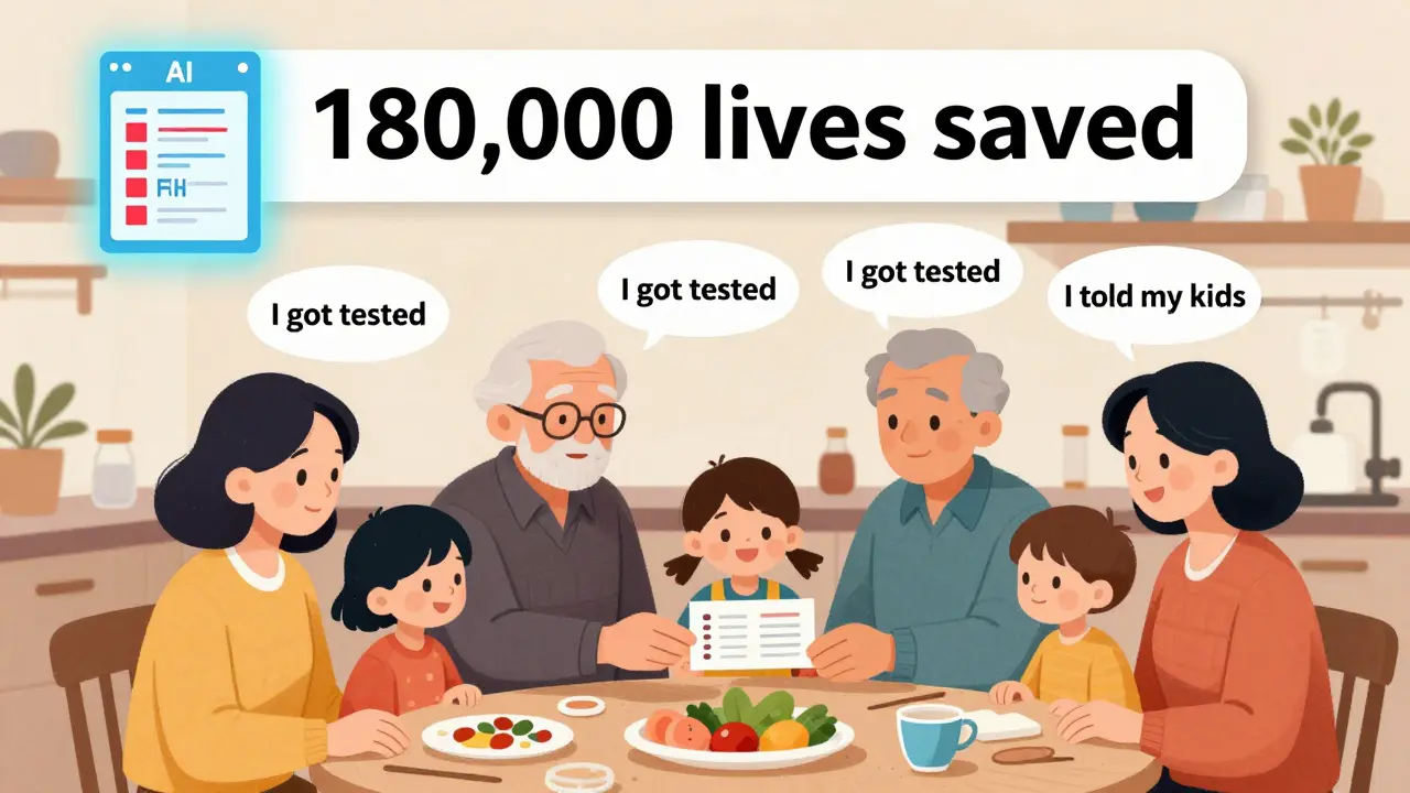 Family sharing a blood test result at the kitchen table, with AI scanning health records above