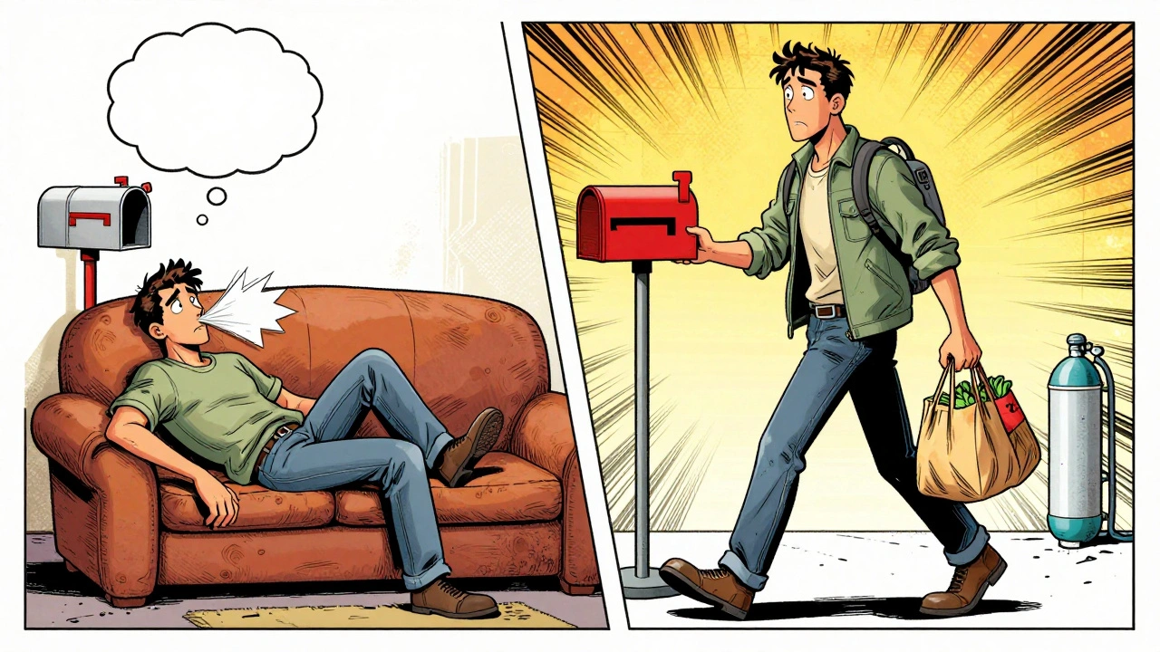 Man struggling to reach mailbox vs. walking confidently after pulmonary rehab