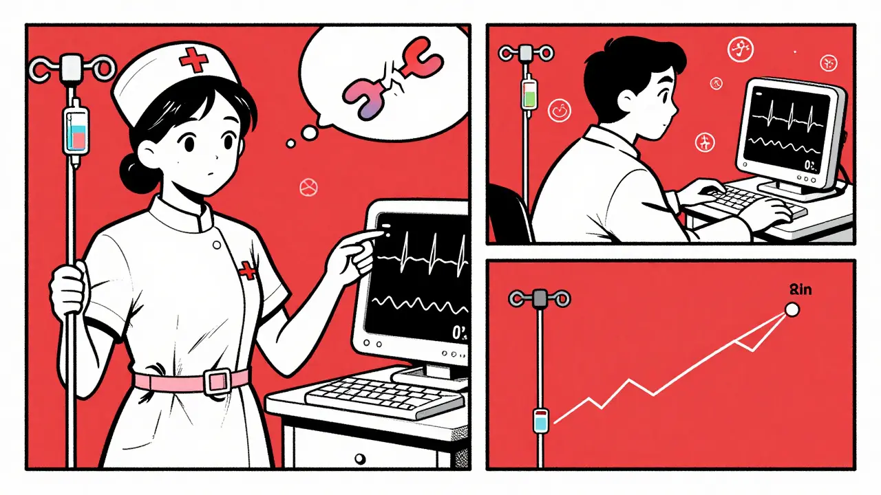 Nurse giving IV magnesium while doctor monitors ECG, with potassium channel failure shown in thought bubble.