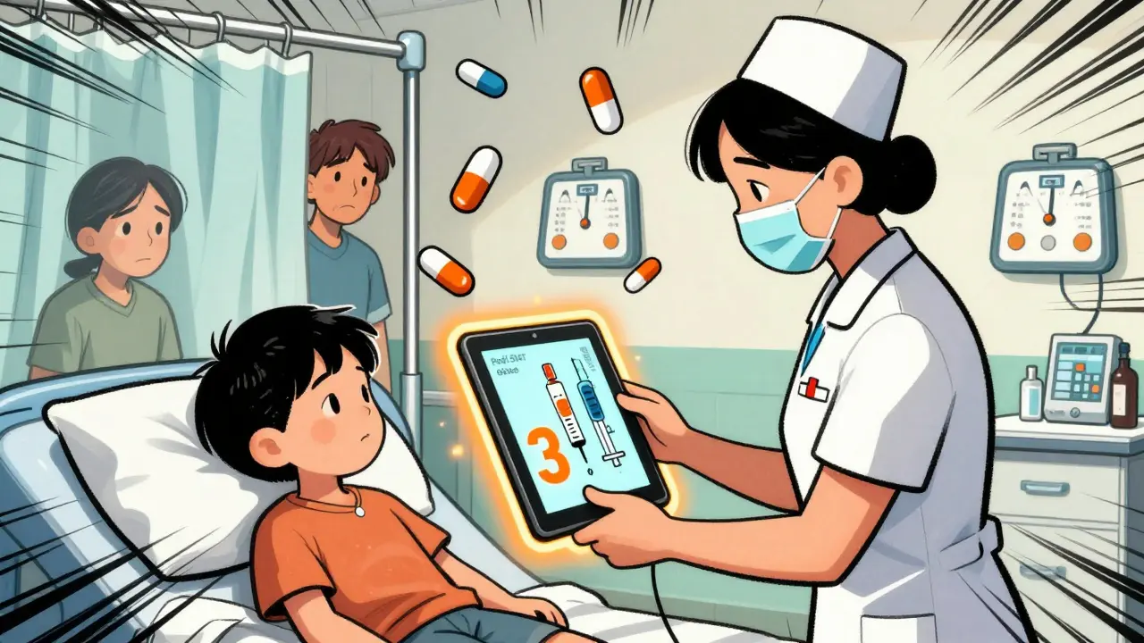 Nurse using Pedi STAT app in ER to calculate emergency pediatric dose quickly.