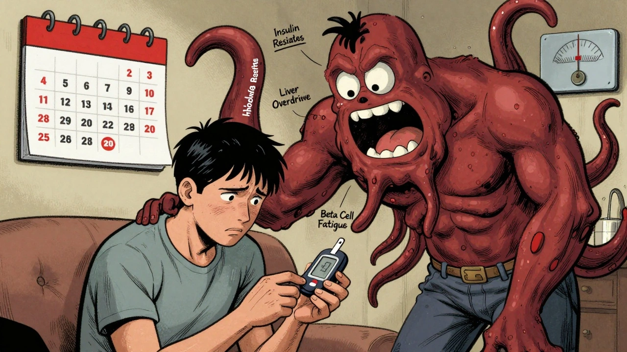 Patient checking blood sugar as a steroid monster with metabolic tentacles looms behind them in comic style.