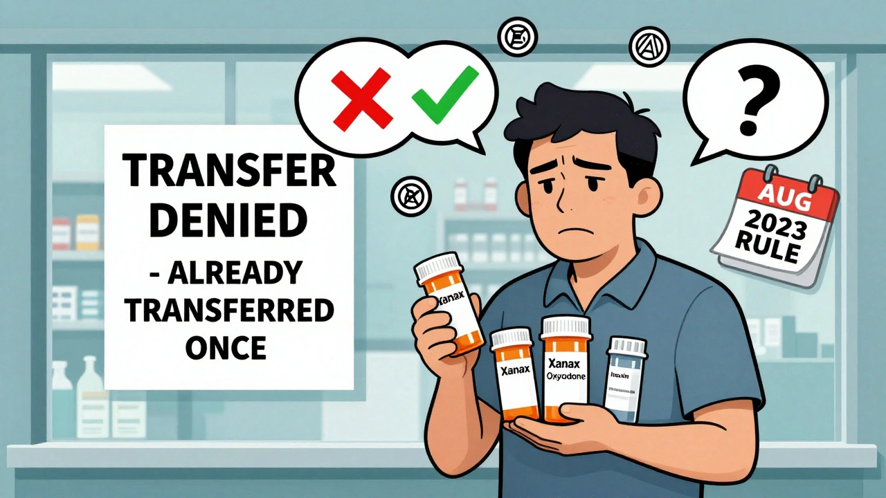 Patient frustrated by denied transfer, holding three prescriptions with one marked as already transferred once.