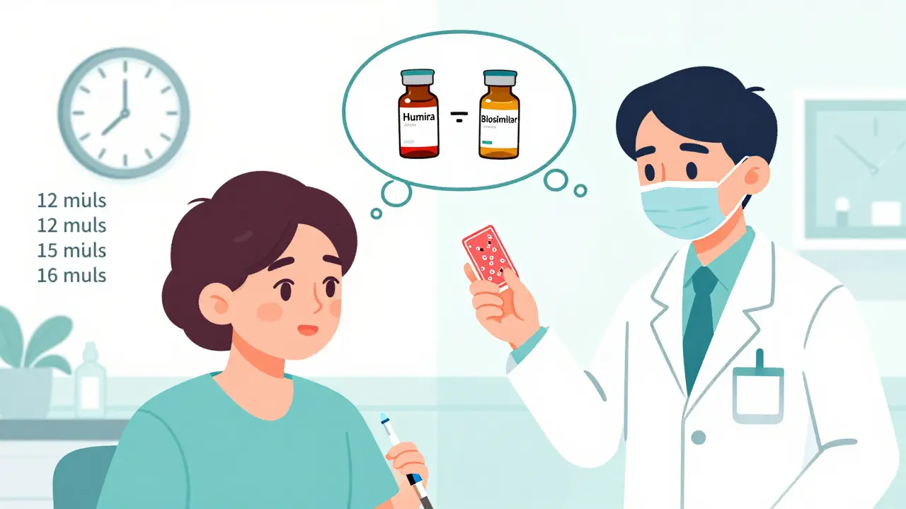 Patient receiving injection as vials swap in thought bubble, pharmacist nearby, medical cartoon style.